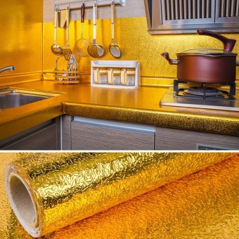 Fresh 5 m Aluminum Foil Stickers Roll Golden, Oil Proof, Kitchen Backsplash Wallpaper Self-Adhesive Wall Sticker Anti-Mold and Heat Resistant for Walls Cabinets Drawers and Shelves - Golden