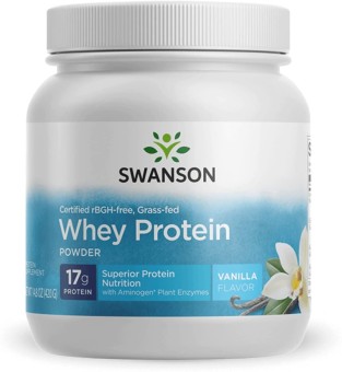 Whey Protein Powder with Aminogen Enzyme | Swanson Grass Fed Cold Pressed Certified rBGH Free Hormone Free Vanilla whey powder