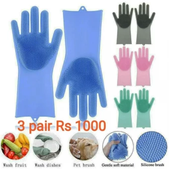 3 Pair 6 pcs Dish Washing Gloves | Clothes Washing Gloves | Clean Kitchen | Reusable Silicone Dishwasher Gloves, Pair of Rubber Dish Gloves, Sponge Wash Cleaning Gloves