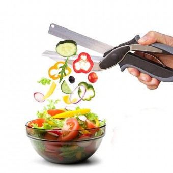  2 in 1 Clever Cutter Kitchen Vegetable Cutting Smart Knife Scissor With Board on Bottom Part