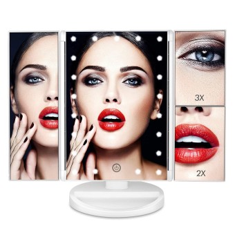 Makeup Face Mirror with 22 LEDs | Vanity Mirror with Lights | 3X/2X Magnification and Touch Screen | 180 Degree Rotation | Cosmetic Make Up Trifold Table Mirror for Travel