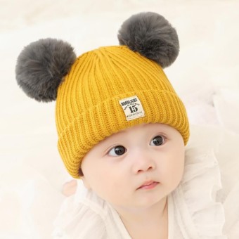 Cute Baby Soft Warm Woolen Fur Pom Pom Winter Hat With Fur Inside