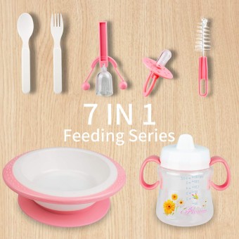 7 In 1 Infant Baby Feeding Sets Bpa Free Dining Set For Healthy Infant Feeding Includes Bowl, Spoons, Fork, Bottle, Nipple, Brush, Rattle (Pink)