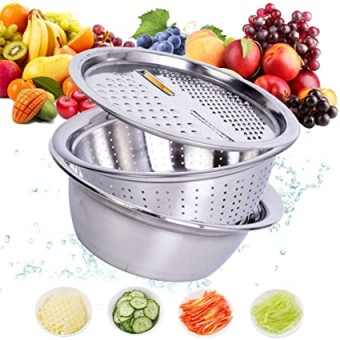 3 In 1 Multifunctional Stainless Steel Basin Vegetable Cutter Salad Maker Bowl 26cm