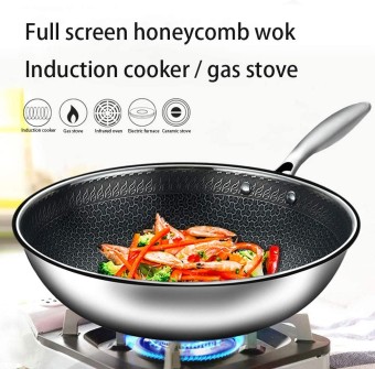 32 Inch Highly Durable Double Coated Non-Sticky Fry Pan Wok Deep Base With Wooden Ladle