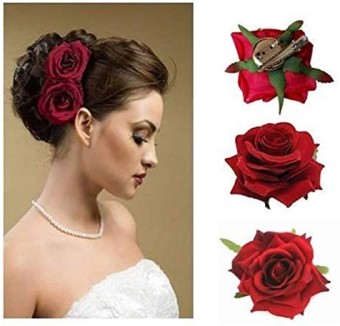 Beautiful Royal Red Rose Head Decoration Flower With Clip For Weeding, Celebration And Parties ( Set Of 2 )