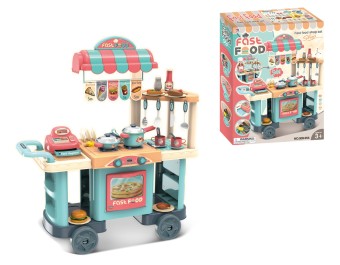 Kids Play Pretend Big Sized Fast Food Shop With Wheels Toy for Kids Real Action Toy Set For Kids With All Realistic Accessories For Role Play Game Child Development