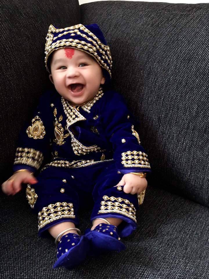 Three Line Pearl Choli Embroider Blue Velvet Pasni Dress Set Shoe Cap For Rice Feeding Ceremony For Baby