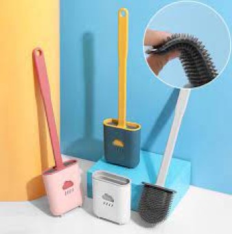 Silicone Toilet Brush with Holder Set - Flat Head Flexible Soft Bristles Brush with Quick Drying Holder Set for Bathroom Accessory