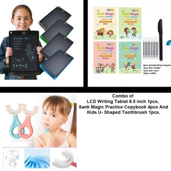 Combo of LCD Writing Tablet 8.5 inch 1pcs, Sank Magic Practice Copybook 4pcs And Kids U- Shaped Toothbrush 1pcs