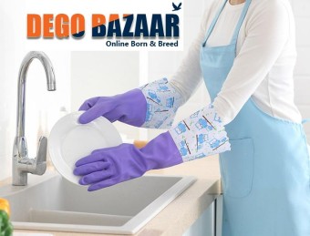 Dego Reusable Pvc Rubber Flocklined Kitchen Dish Washing And Cleaning Gloves With Sleeve(Color May Vary)