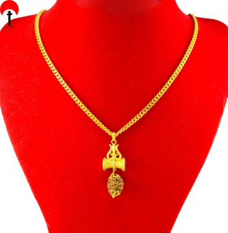 Pure Gold Plated Chain With Golden Mahadev Damaru Locket With Rudraksha For Women