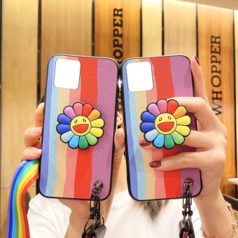 iPhone 7 & 8 Plus Rainbow Cute Sunflower Mobile Cover With Stand Holder & Hand Strap Silicone Cellphone Hard Case For iPhone 7 & 8 Plus