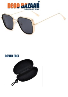 Golden Frame Black Lens Uv400 Sunglass + Sunglass Cover