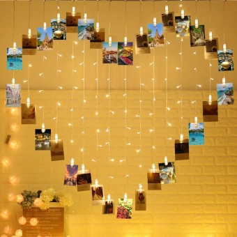  LED Heart Shape Photo Clips Curtain Lights Lights Heart Shape Photo Clip Light String, Décor Clip Lights and 92 LED Lights, Decoration for Bedroom Birthday Wedding Photos ,Hanging Size 6.56x5.25 ft
