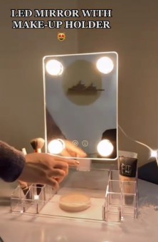 3 Mode Desktop Large Crystal Led Table Makeup Mirror | Makeup Mirror with Lipsticks Nail Oil Polish Organizer | Storage Box | Brush Holder | Makeup Container | USB Charging