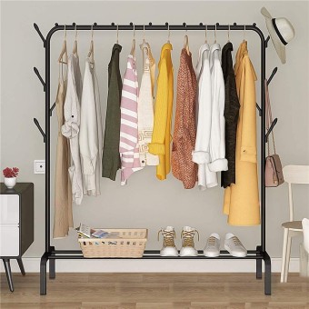 Metal Garment Rack with Two Shelves, Six Hooks, and One Hanging Rod