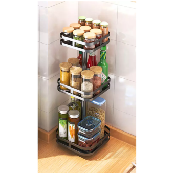 360° Rotating Metal Storage Rack with Three-Layer Condiments and a Spice Container