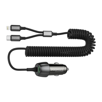 Promate POWERDRIVE-33PDCI Car Charger with Cable: Universal 33W Power DC Charger with Built-In 3-in-1 Splitter USB-C, Lightning Charging Coiled Cable and QC 3.0